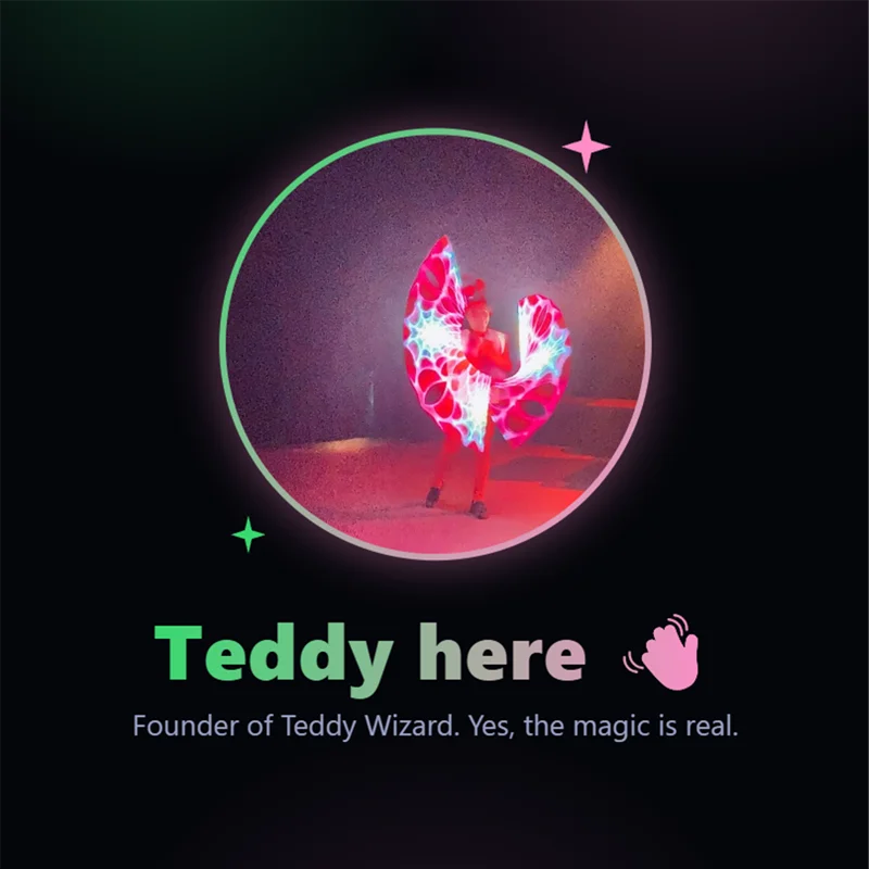 Teddy, founder of Teddy Wizard, spinning glowing LED poi in a dark room, with the caption Teddy here, yes the magic is real